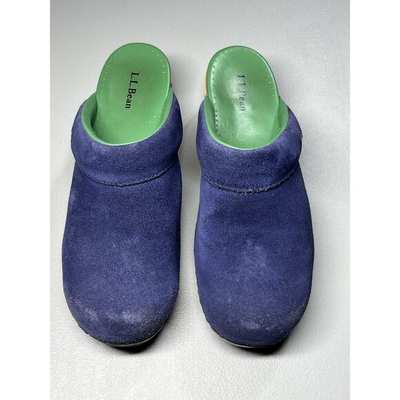 LL Bean Slide Clogs Womens 8 Blue Suede Sailboat Logo Slip On Preppy Coastal - Picture 5 of 13